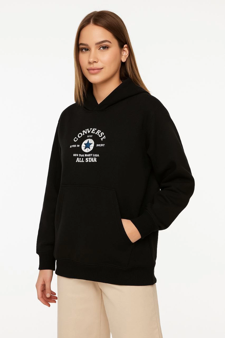 Kadın Kapüşonlu Kanguru Cepli Sweatshirt 3 İplik Pamuklu Baskılı Hoodie – Siyah