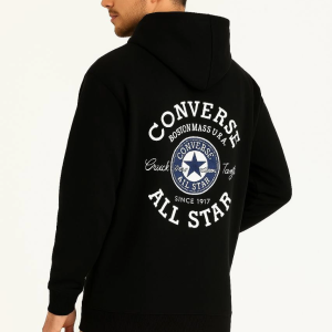 Erkek Kapüşonlu Kanguru Cepli Sweatshirt 3 İplik Pamuklu Baskılı Hoodie – Siyah
