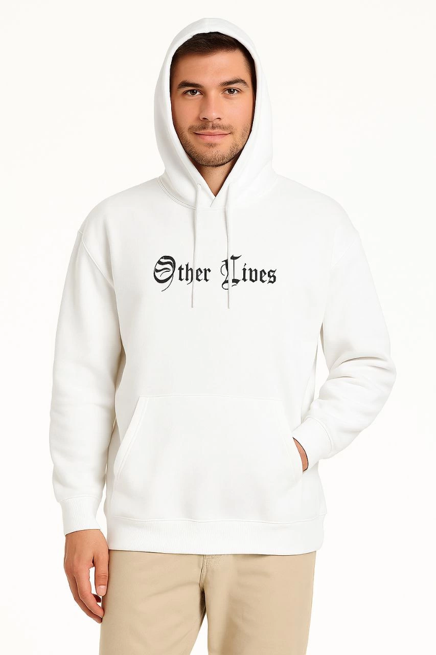 Erkek Kapüşonlu Kanguru Cepli Sweatshirt 3 İplik Pamuklu Baskılı Hoodie – Beyaz