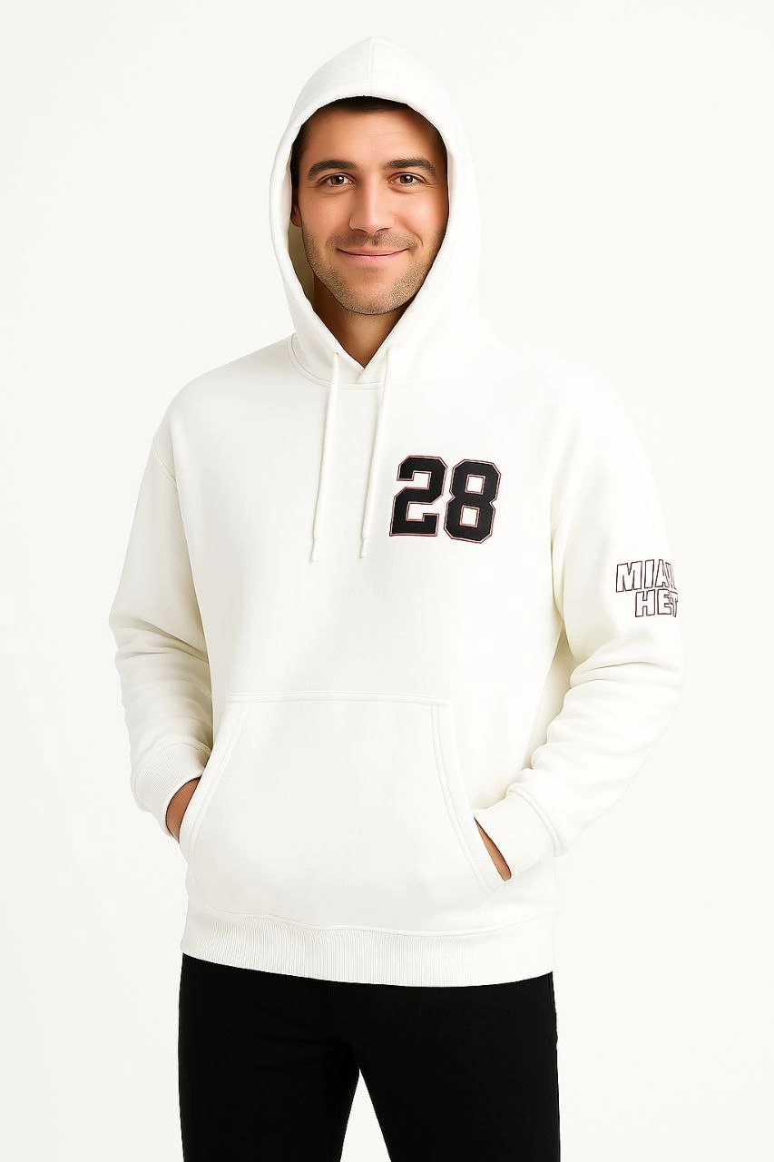 Erkek Kapüşonlu Kanguru Cepli Sweatshirt 3 İplik Pamuklu Baskılı Hoodie – Beyaz