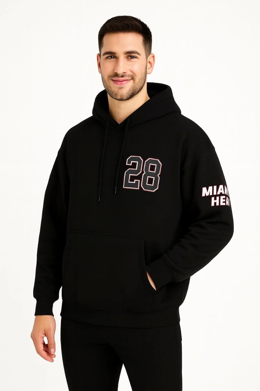 Erkek Kapüşonlu Kanguru Cepli Sweatshirt 3 İplik Pamuklu Baskılı Hoodie – Siyah