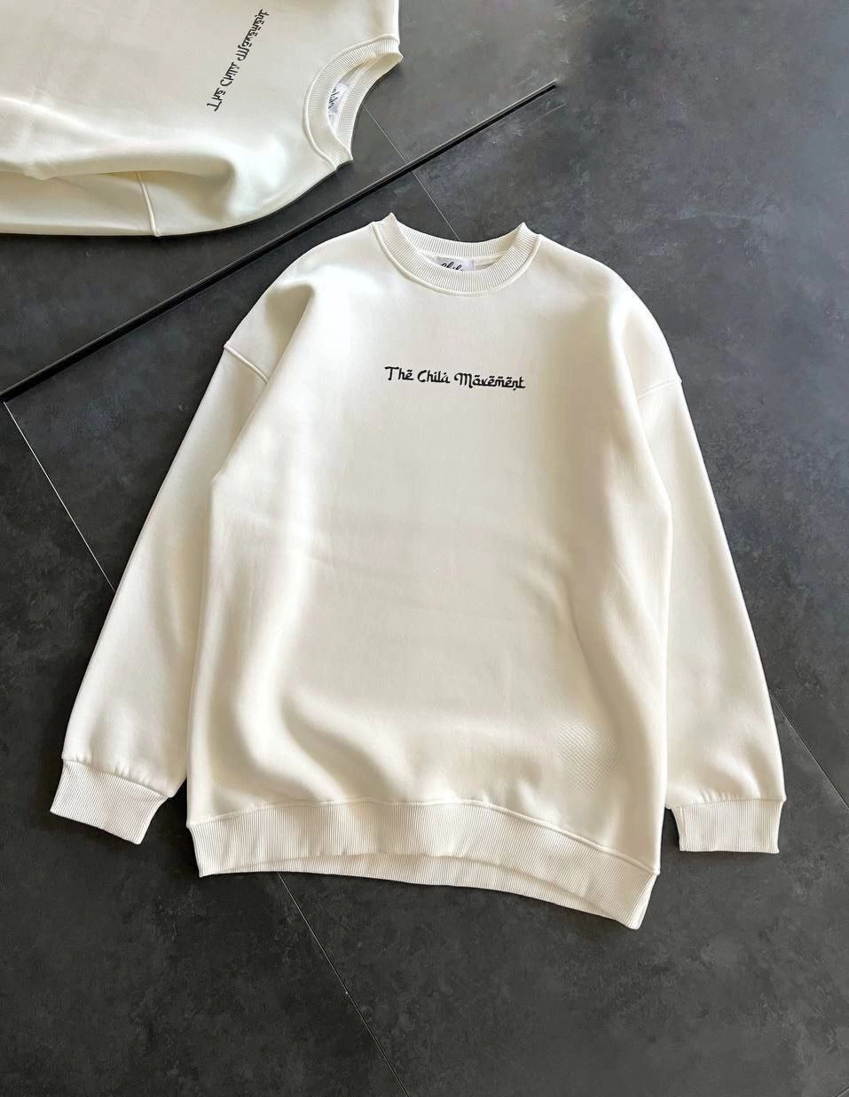 Kadın 3 İplik Pamuklu Bisiklet Yaka Baskılı SweatShirt – Beyaz