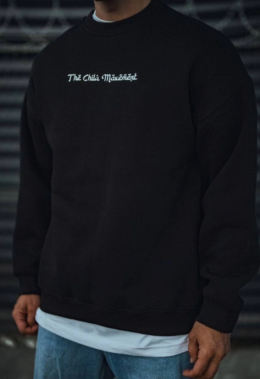 Erkek 3 iplik Pamuklu Bisiklet Yaka Baskılı SweatShirt – Siyah