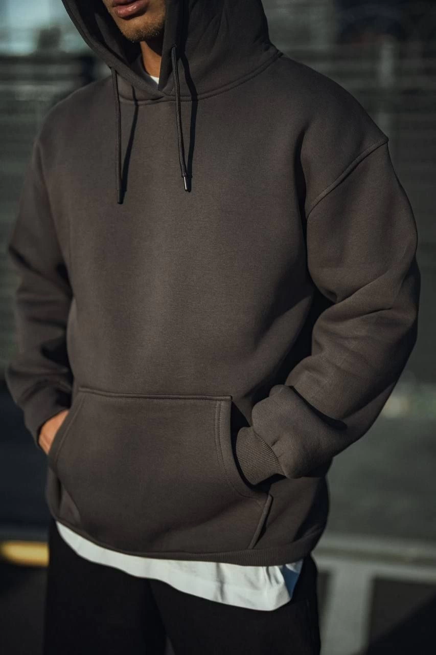 Erkek 3 İplik Pamuklu Kapüşonlu Basic SweatShirt Hoodie – Füme