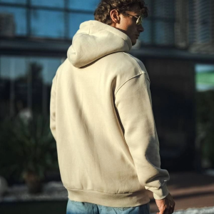 Kadın 3 İplik Pamuklu Kapüşonlu Kanguru Cepli Oversize Hoodie Sweatshirt – Bej