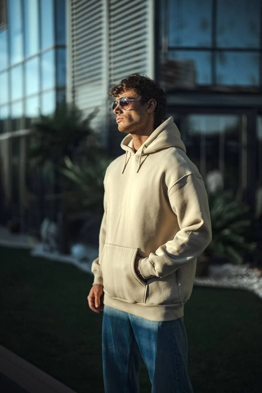 Kadın 3 İplik Pamuklu Kapüşonlu Kanguru Cepli Oversize Hoodie Sweatshirt – Bej