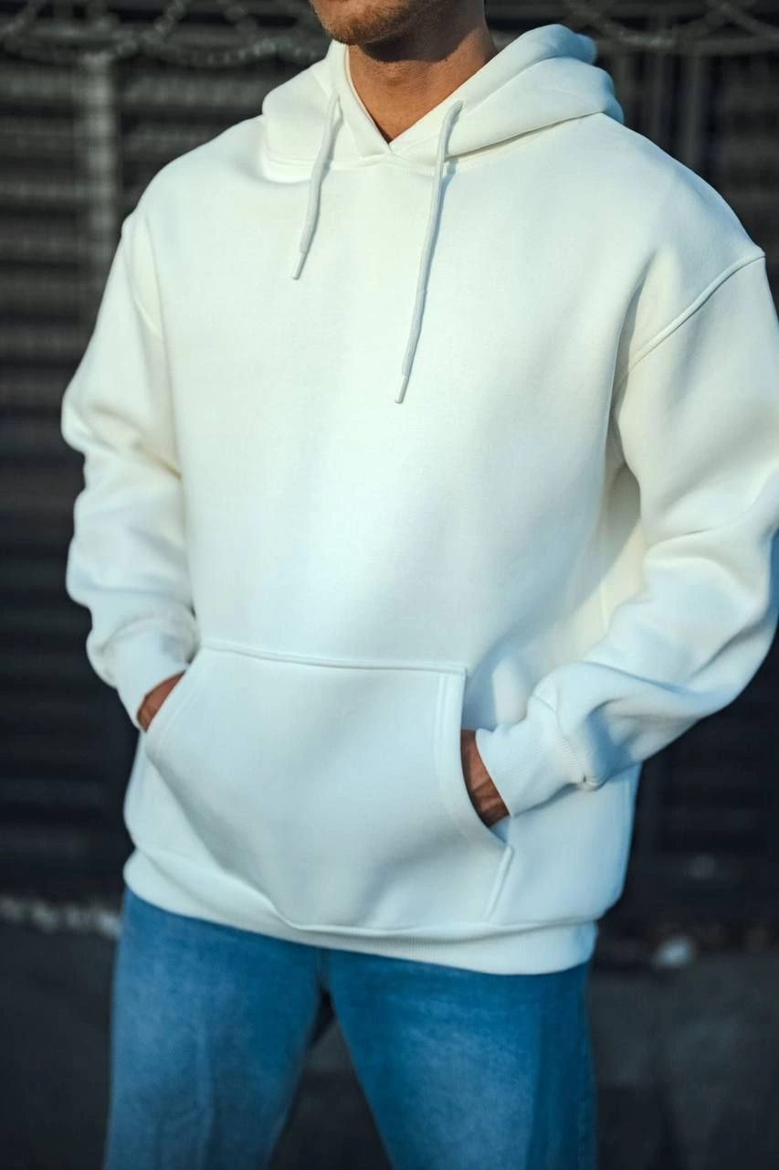 Erkek 3 İplik Pamuklu Kapüşonlu Basic SweatShirt Hoodie – Beyaz