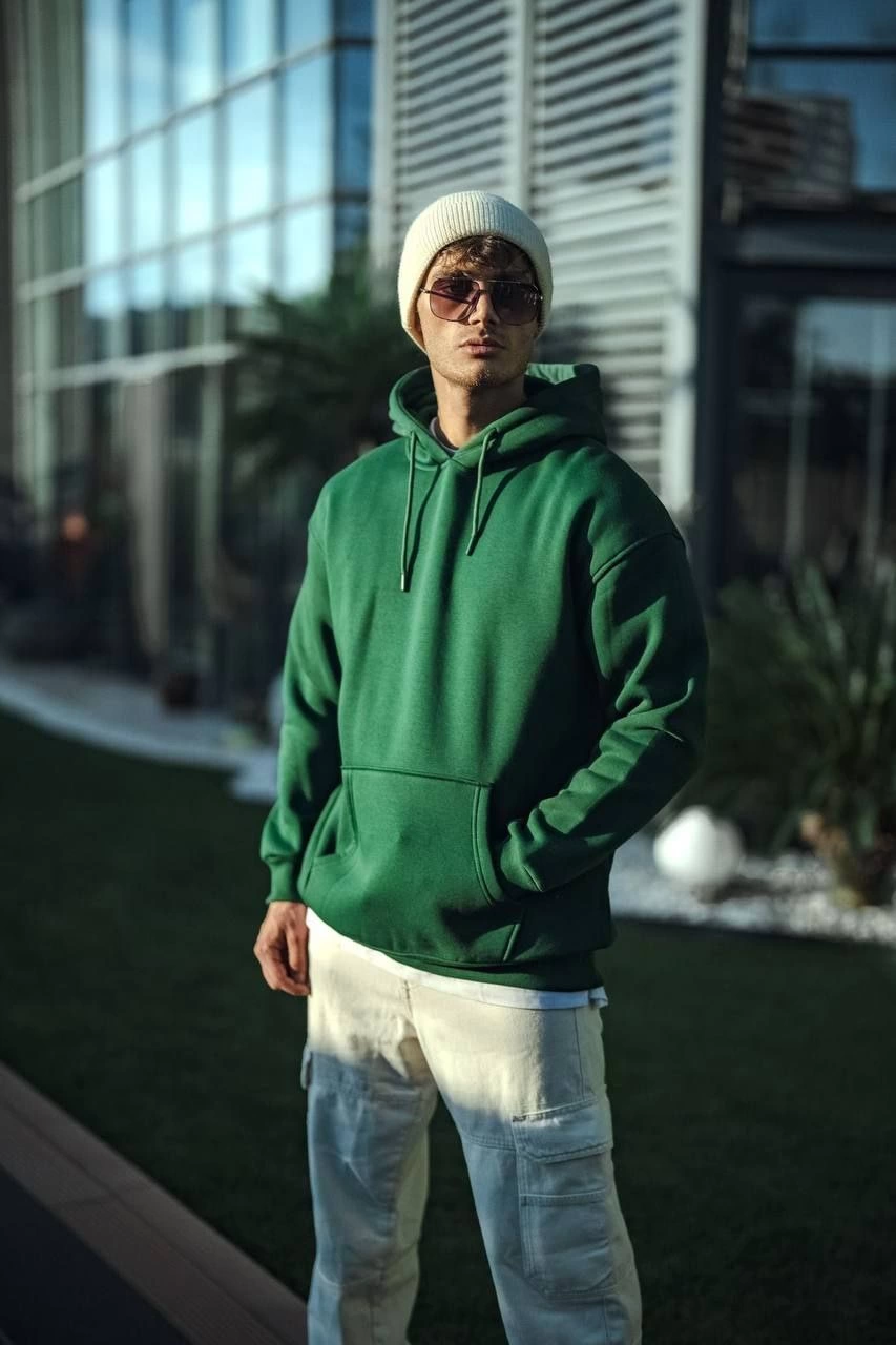Erkek 3 İplik Pamuklu Kapüşonlu Basic SweatShirt Hoodie – Haki