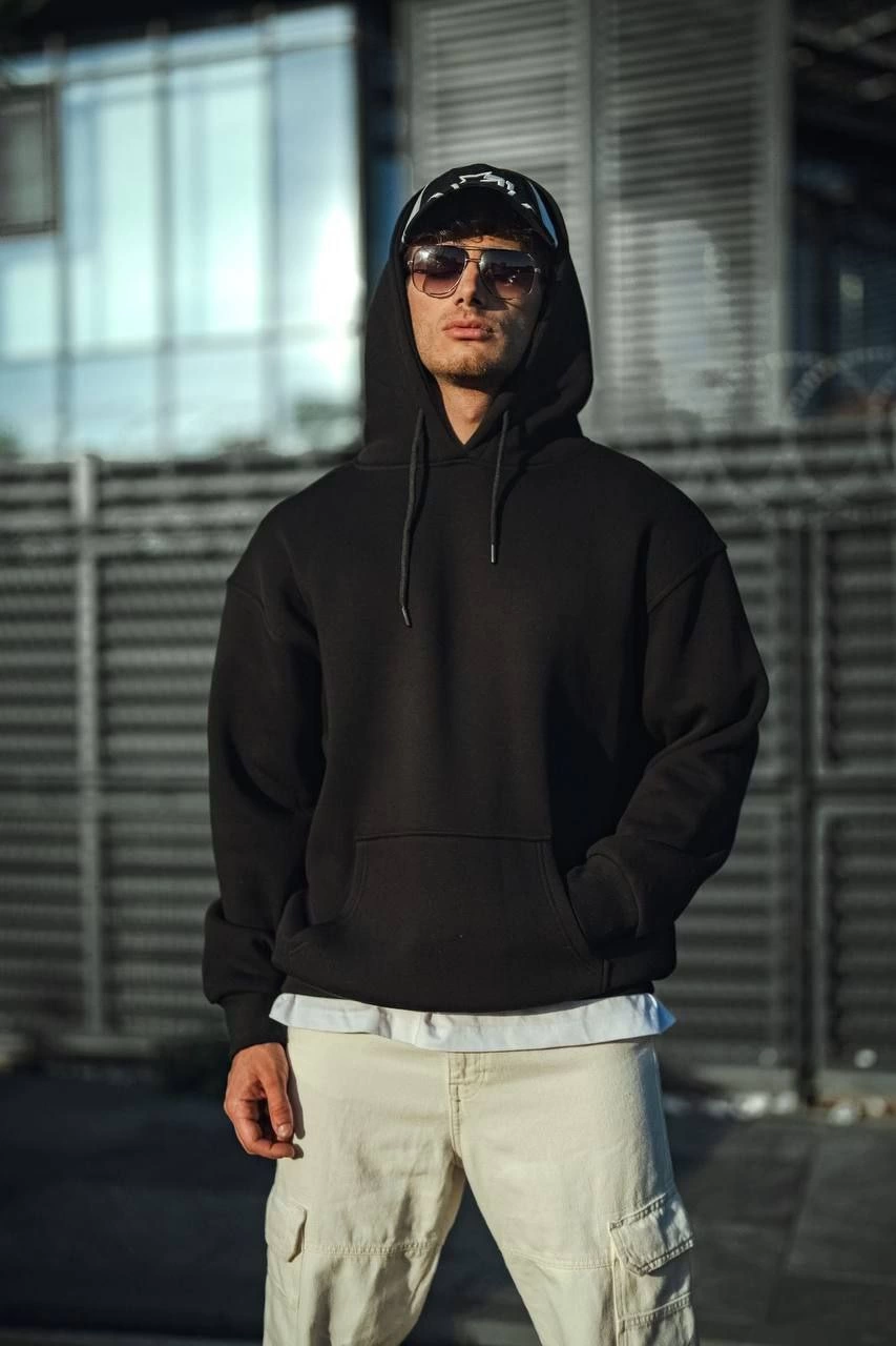 Erkek 3 İplik Pamuklu Kapüşonlu Basic SweatShirt Hoodie – Siyah