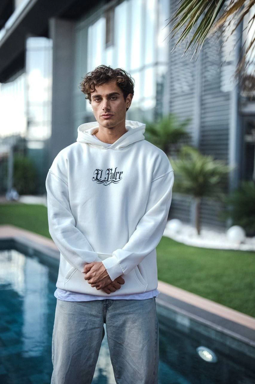 Erkek Kapüşonlu Kanguru Cepli Sweatshirt 3 İplik Pamuklu Baskılı Hoodie – Beyaz