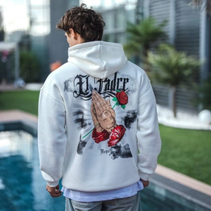 Erkek Kapüşonlu Kanguru Cepli Sweatshirt 3 İplik Pamuklu Baskılı Hoodie – Beyaz