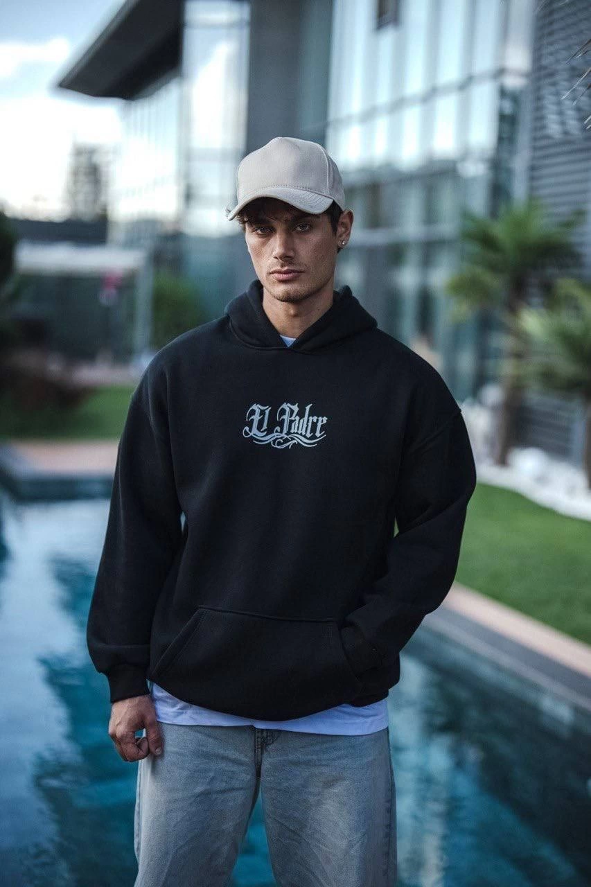 Erkek 3 İplik Pamuklu Kapüşonlu Baskılı Cepli Oversize Sweatshirt Hoodie – Siyah
