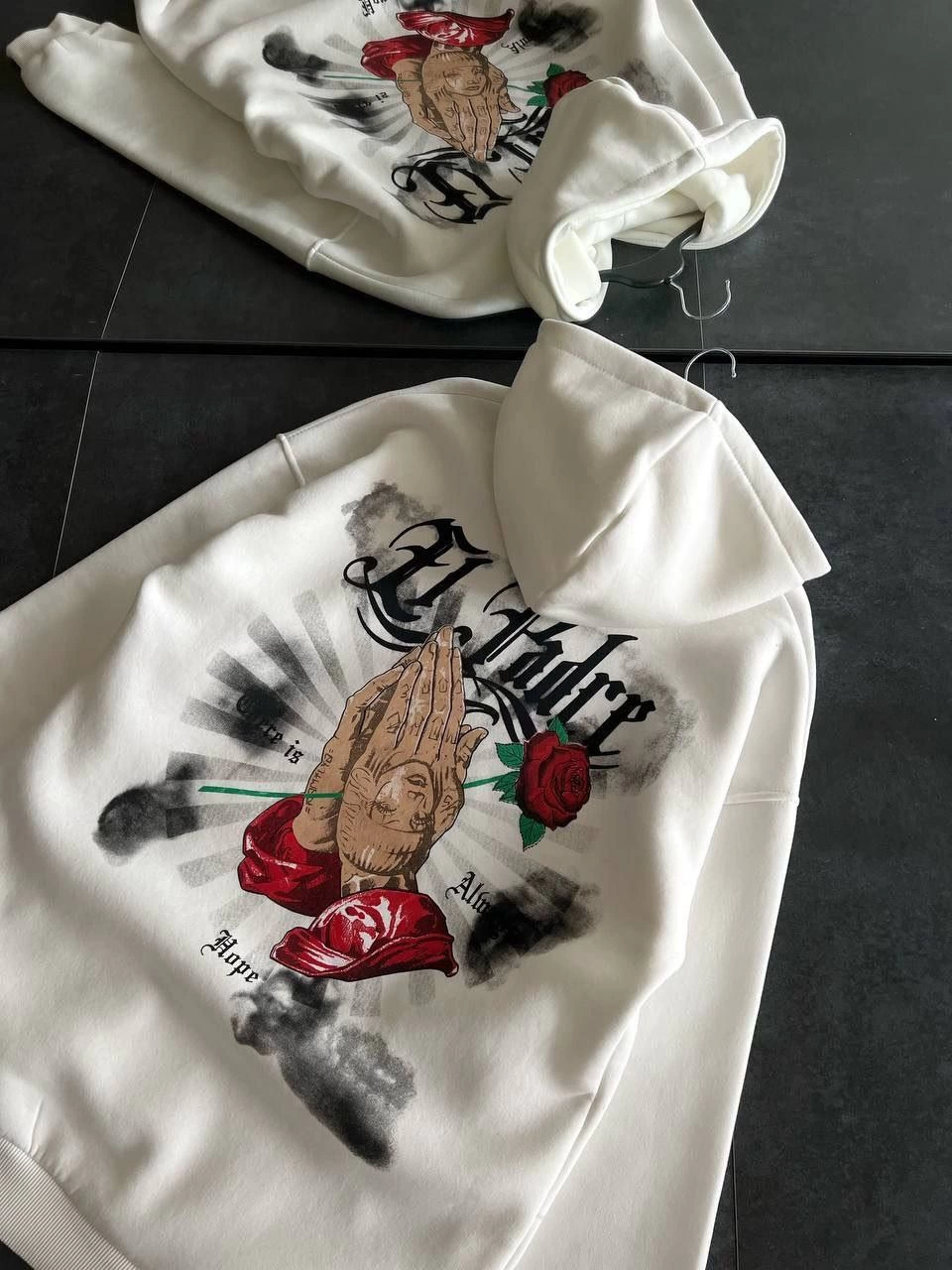 Kadın Oversize Kapüşonlu Cepli Baskılı 3 İplik Pamuklu Hoodie Sweatshirt – Beyaz