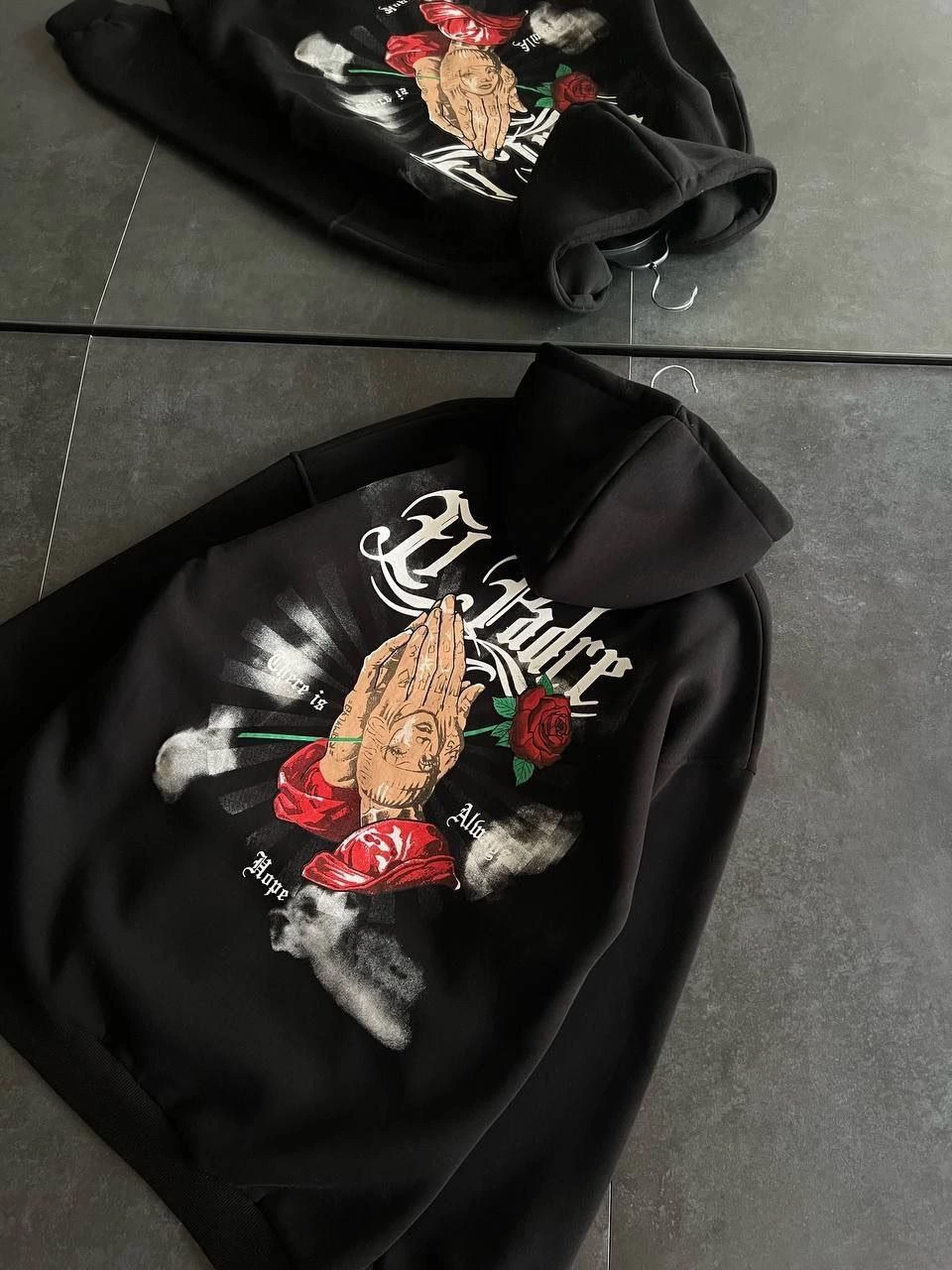 Kadın Oversize Kapüşonlu Cepli Baskılı 3 İplik Pamuklu Hoodie Sweatshirt – Siyah