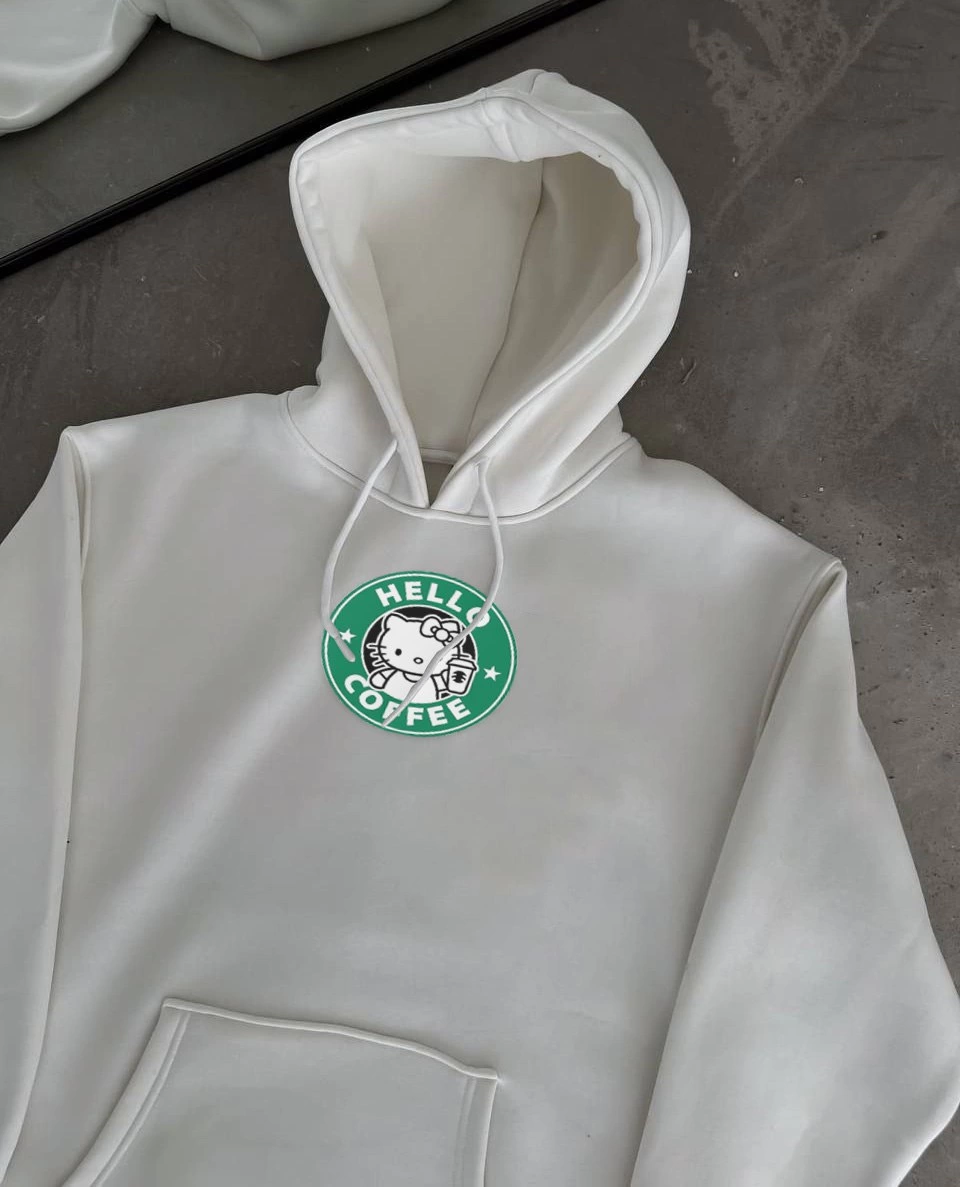 Kadın Oversize Kapüşonlu Kanguru Cepli Baskılı 3 İplik Pamuklu Sweatshirt Hoodie – Beyaz