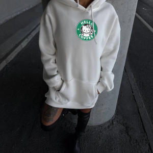 Kadın Oversize Kapüşonlu Kanguru Cepli Baskılı 3 İplik Pamuklu Sweatshirt Hoodie – Beyaz