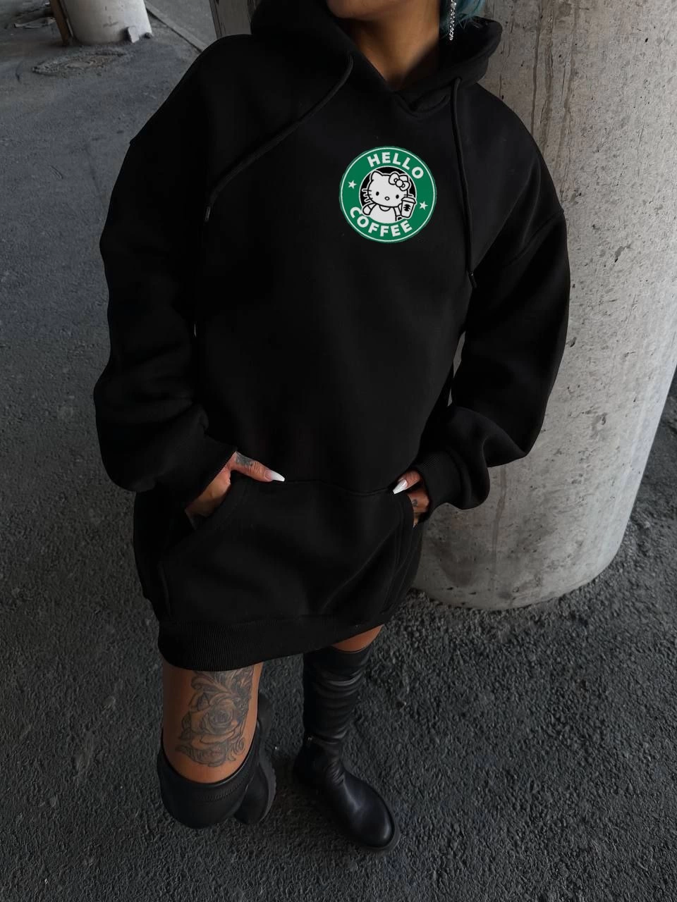 Kadın Oversize Kapüşonlu Kanguru Cepli Baskılı 3 İplik Pamuklu Sweatshirt Hoodie – Siyah