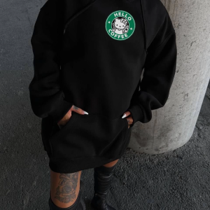 Kadın Oversize Kapüşonlu Kanguru Cepli Baskılı 3 İplik Pamuklu Sweatshirt Hoodie – Siyah