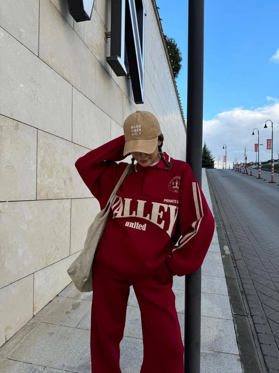 Kadın 3 İplik Pamuklu Yakalı Sweat Baggy Pantolonlu Takım – Bordo