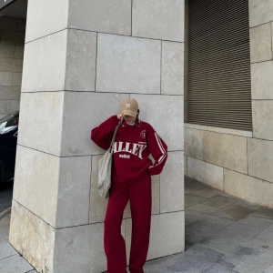 Kadın 3 İplik Pamuklu Yakalı Sweat Baggy Pantolonlu Takım – Bordo
