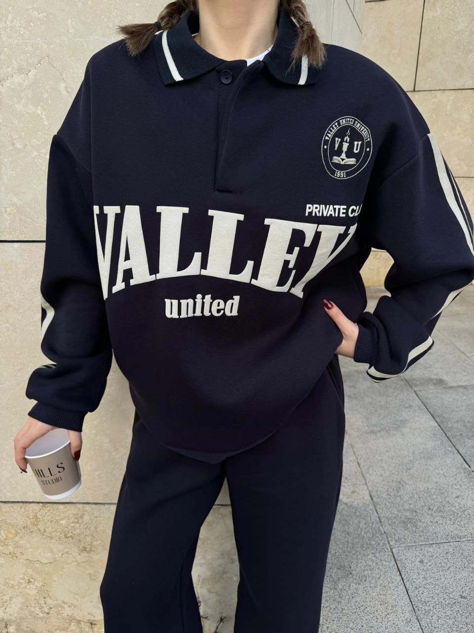 Kadın 3 İplik Pamuklu Yakalı Sweat Baggy Pantolonlu Alt-Üst Takım – Siyah