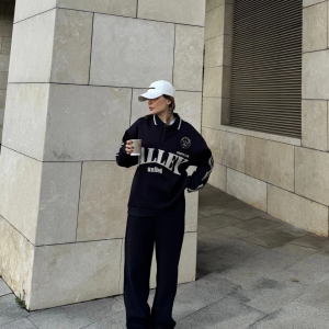 Kadın 3 İplik Pamuklu Yakalı Sweat Baggy Pantolonlu Alt-Üst Takım – Siyah