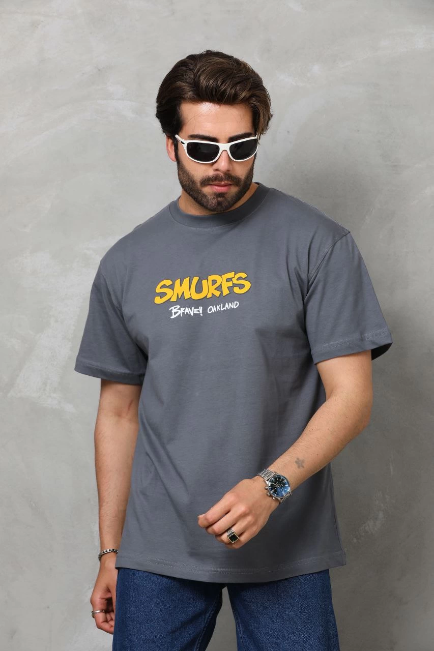 Erkek Kısa Kol Yazlık Tişört Bisiklet Yaka Baskılı Oversize T-Shirt – Füme