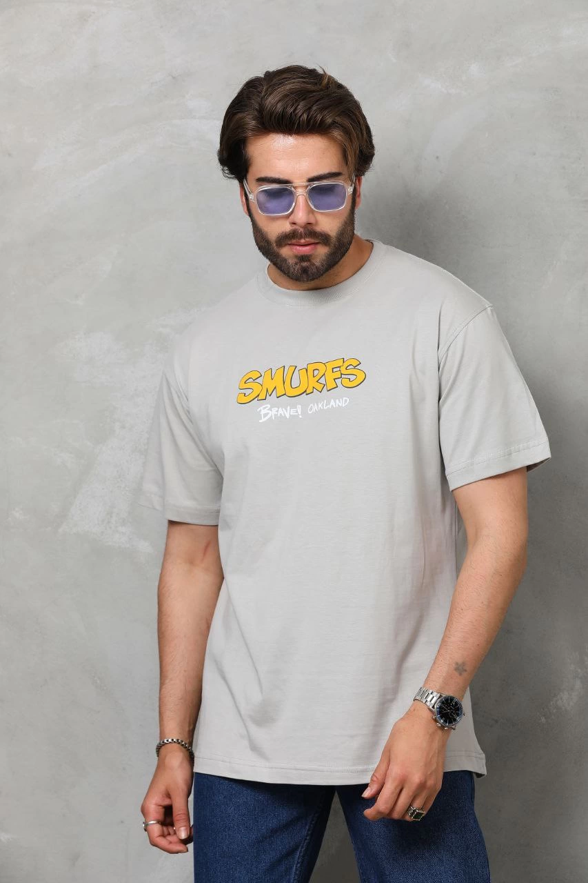 Erkek Kısa Kol Yazlık Tişört Bisiklet Yaka Baskılı Oversize T-Shirt – Gri
