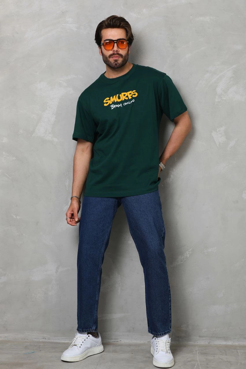 Erkek Kısa Kol Yazlık Tişört Bisiklet Yaka Baskılı Oversize T-Shirt – Yeşil