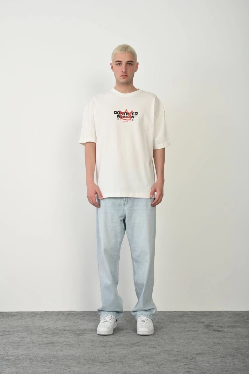 Erkek Baskılı T-Shirt Kısa Kol Bisiklet Yaka Rahat Kalıp Tişört – Beyaz