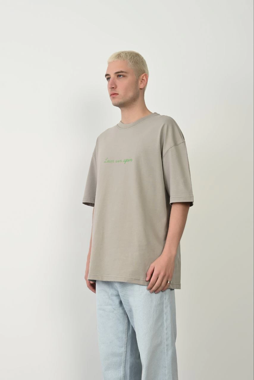 Erkek Baskılı T-Shirt Kısa Kol Bisiklet Yaka Rahat Kalıp Tişört – Boyalı Gri