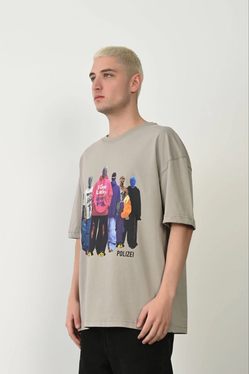 Erkek Baskılı T-Shirt Kısa Kol Bisiklet Yaka Rahat Kalıp Tişört – Boyalı Gri