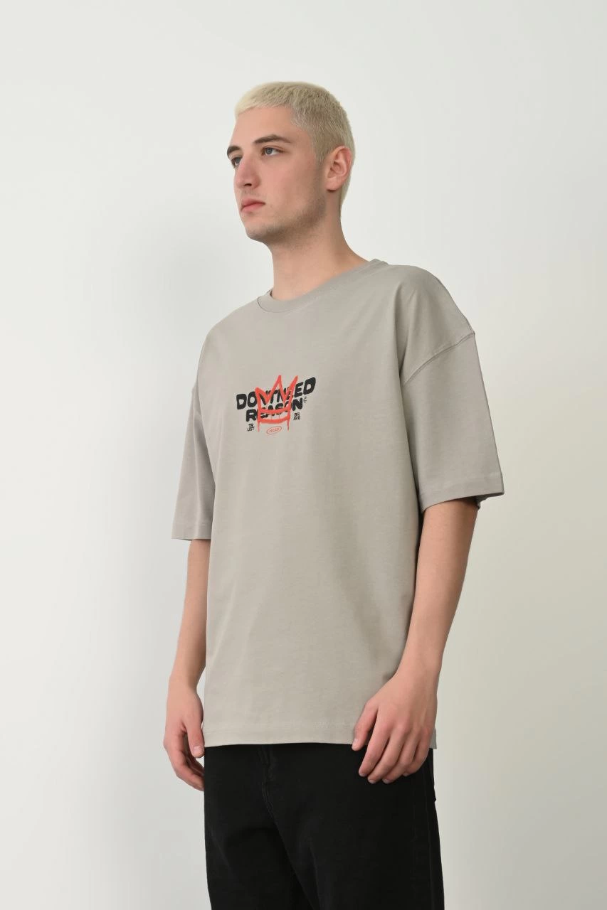 Erkek Baskılı T-Shirt Kısa Kol Bisiklet Yaka Rahat Kalıp Tişört – Boyalı Gri