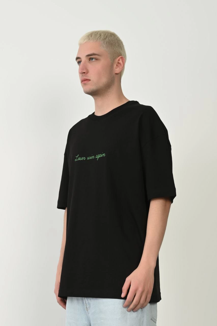 Erkek Baskılı T-Shirt Kısa Kol Bisiklet Yaka Rahat Kalıp Tişört – Siyah