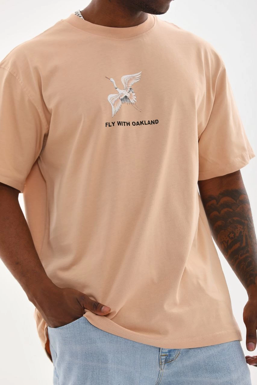 Erkek Baskılı T-Shirt Kısa Kol Bisiklet Yaka Rahat Kalıp Tişört – Bej