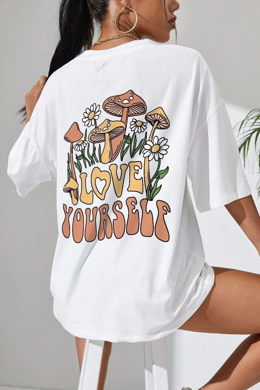Kadın Baskılı Oversize kısa kol T-Shirt – Beyaz