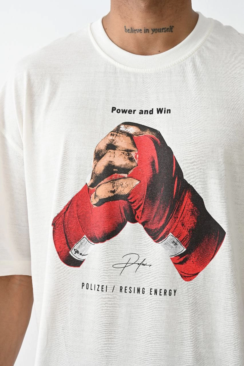 Erkek Box Eldiven Baskılı T-Shirt Kısa Kol Bisiklet Yaka Tişört – Beyaz