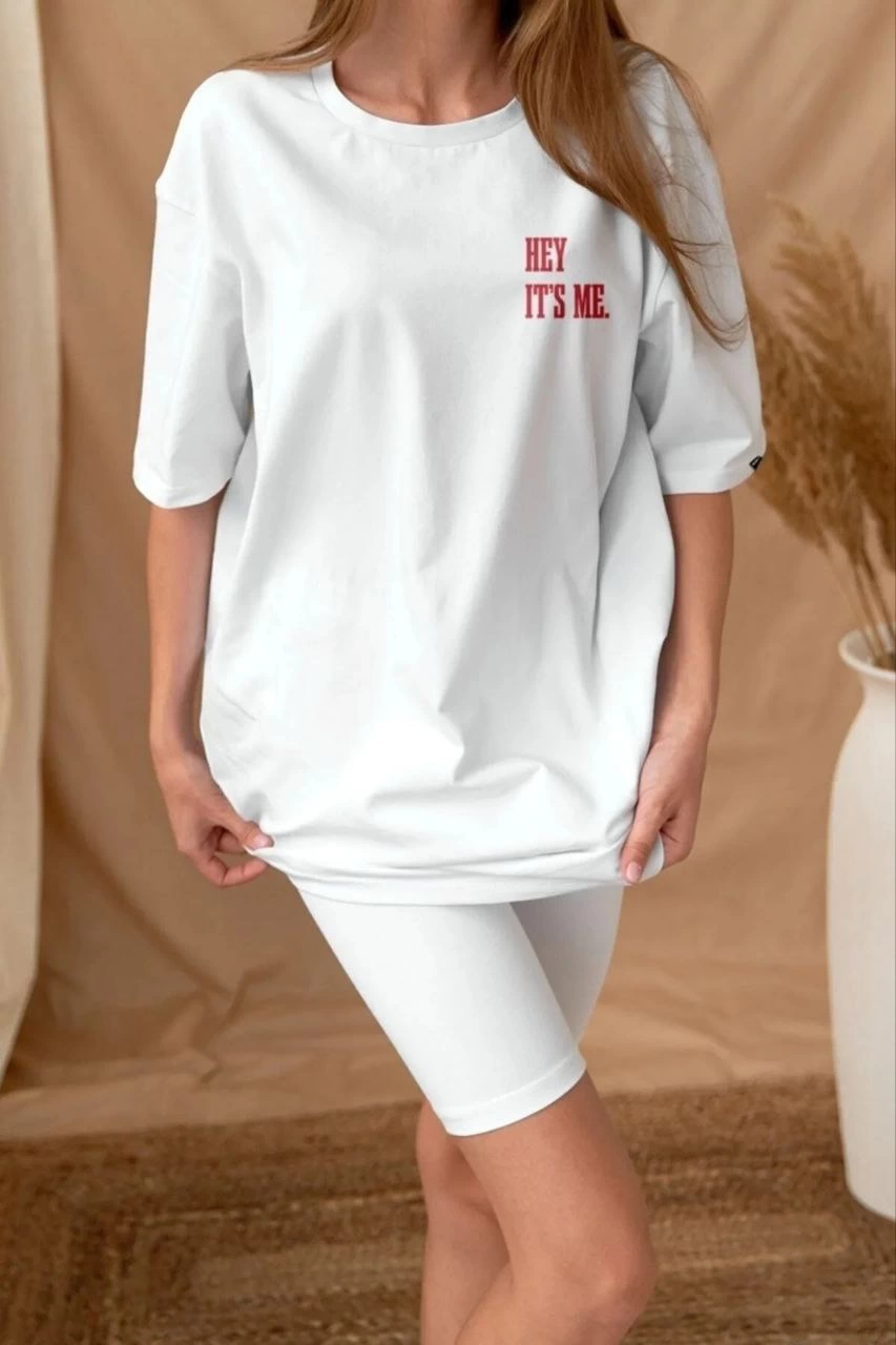 Kadın Baskılı T-Shirt Kısa Kol Bisiklet Yaka Oversize Rahat Kalıp Tişört – Beyaz