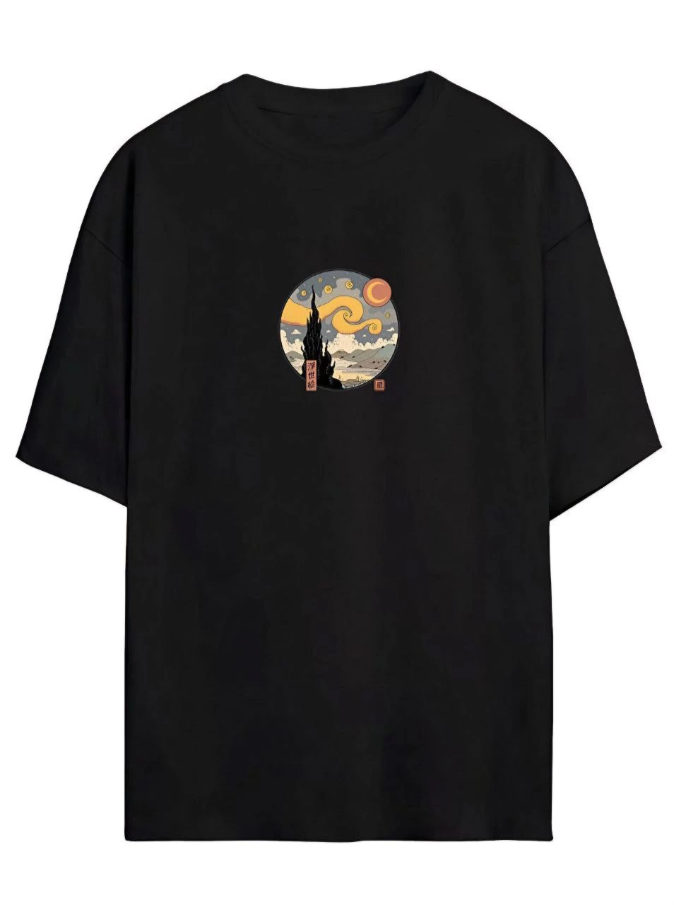 Kadın Baskılı T-Shirt Kısa Kol Bisiklet Yaka Oversize Rahat Kalıp Tişört – Siyah