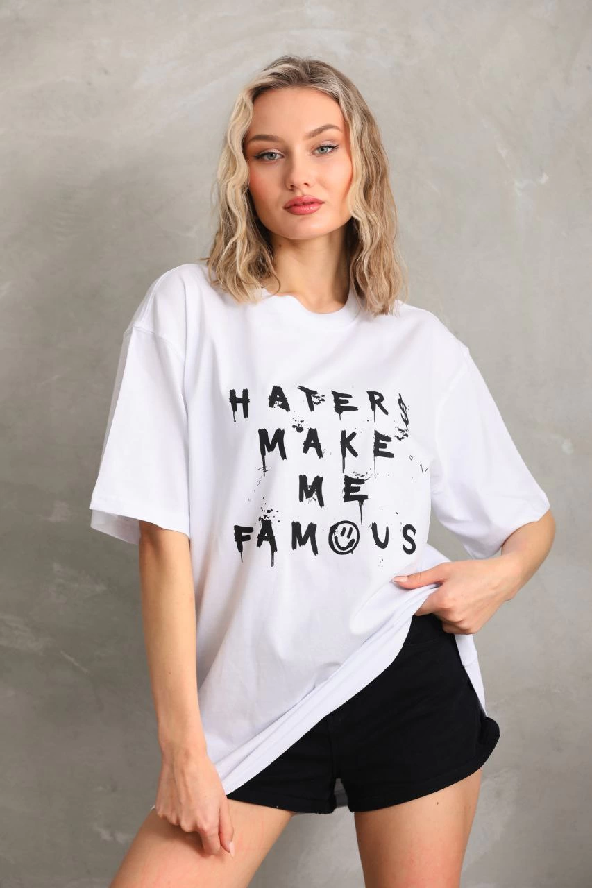 Kadın ön ve arka Baskılı Oversize Kısa kol T-Shirt – Beyaz