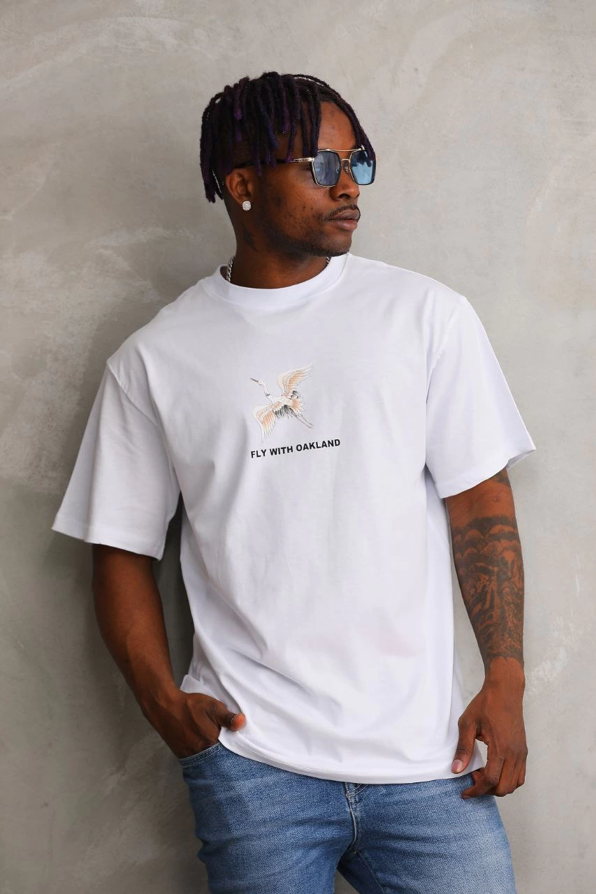Erkek Baskılı T-Shirt Kısa Kol Bisiklet Yaka Rahat Kalıp Tişört – Beyaz