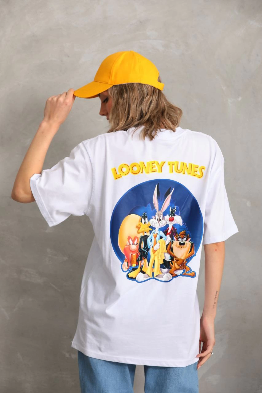 Kadın Kısa Kol Yazlık Tişört Bisiklet Yaka Baskılı Oversize T-Shirt – Beyaz
