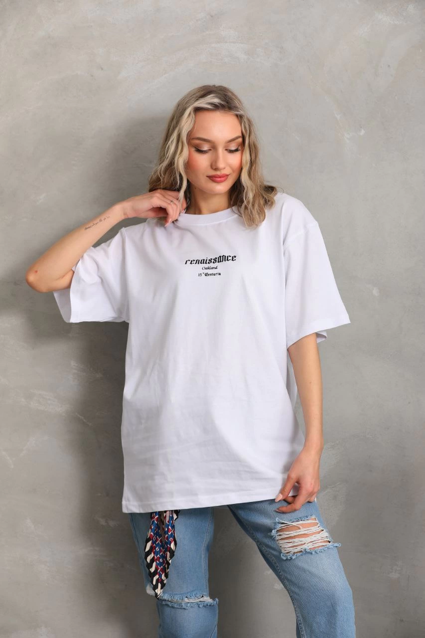 Kadın Kısa Kol Yazlık Tişört Bisiklet Yaka Baskılı Oversize T-Shirt – Beyaz