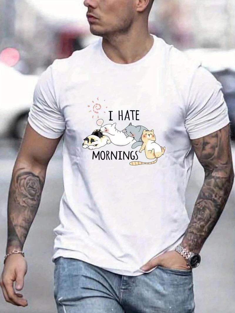 Erkek Baskılı T-Shirt Kısa Kol Bisiklet Yaka Regular Fit Rahat Kalıp Günlük Tişört – Beyaz