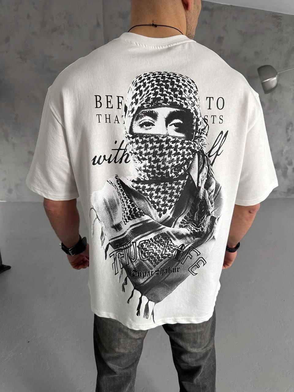 Erkek Kısa Kol Tişört Bisiklet Yaka Filistin Poşulu Baskılı T-Shirt – Beyaz