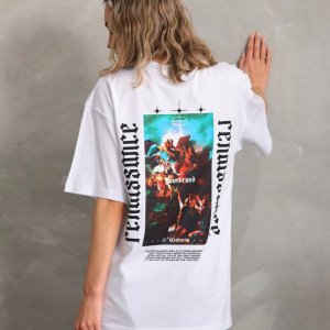 Kadın Kısa Kol Yazlık Tişört Bisiklet Yaka Baskılı Oversize T-Shirt – Beyaz