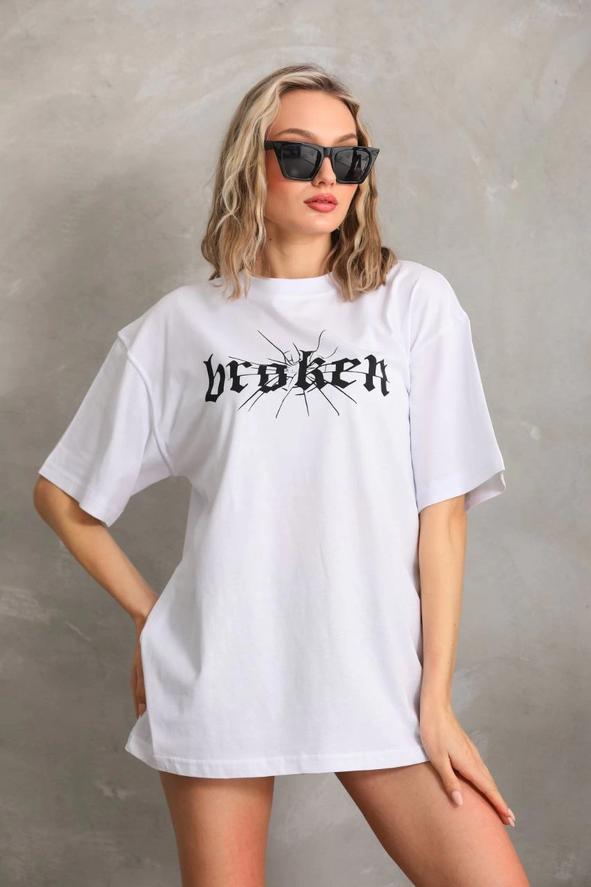 Kadın Kısa Kol Yazlık Tişört Bisiklet Yaka Baskılı Oversize T-Shirt – Beyaz