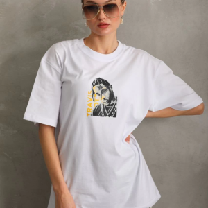 Kadın Baskılı T-Shirt Kısa Kol Bisiklet Yaka Oversize Rahat Kalıp Günlük Tişört – Beyaz