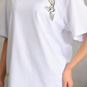Kadın Kısa Kol Yazlık Tişört Bisiklet Yaka Baskılı Oversize T-Shirt – Beyaz