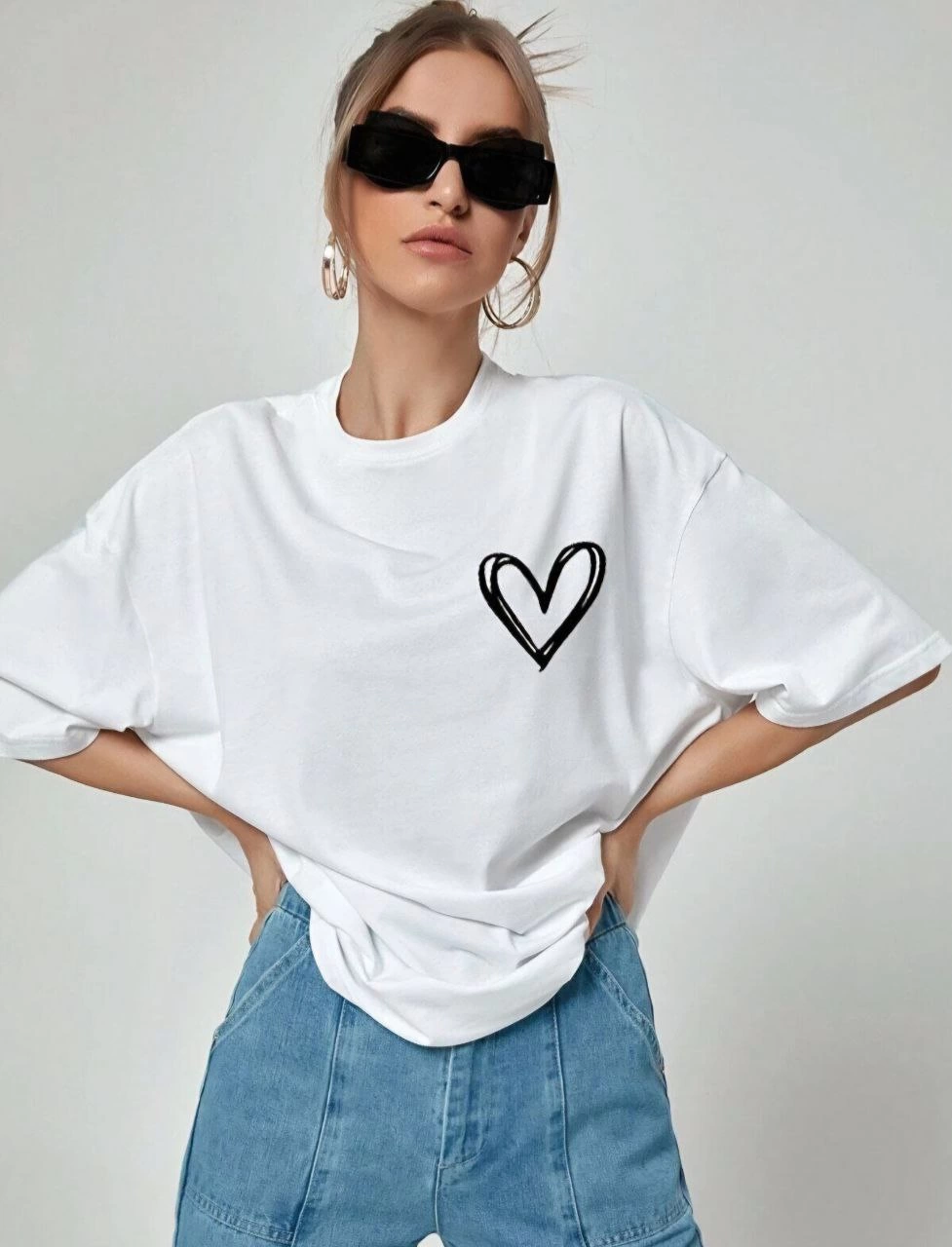 Kadın Tişort Kalp Baskılı Bisiklet yaka Kısa kol T-Shirt – Beyaz